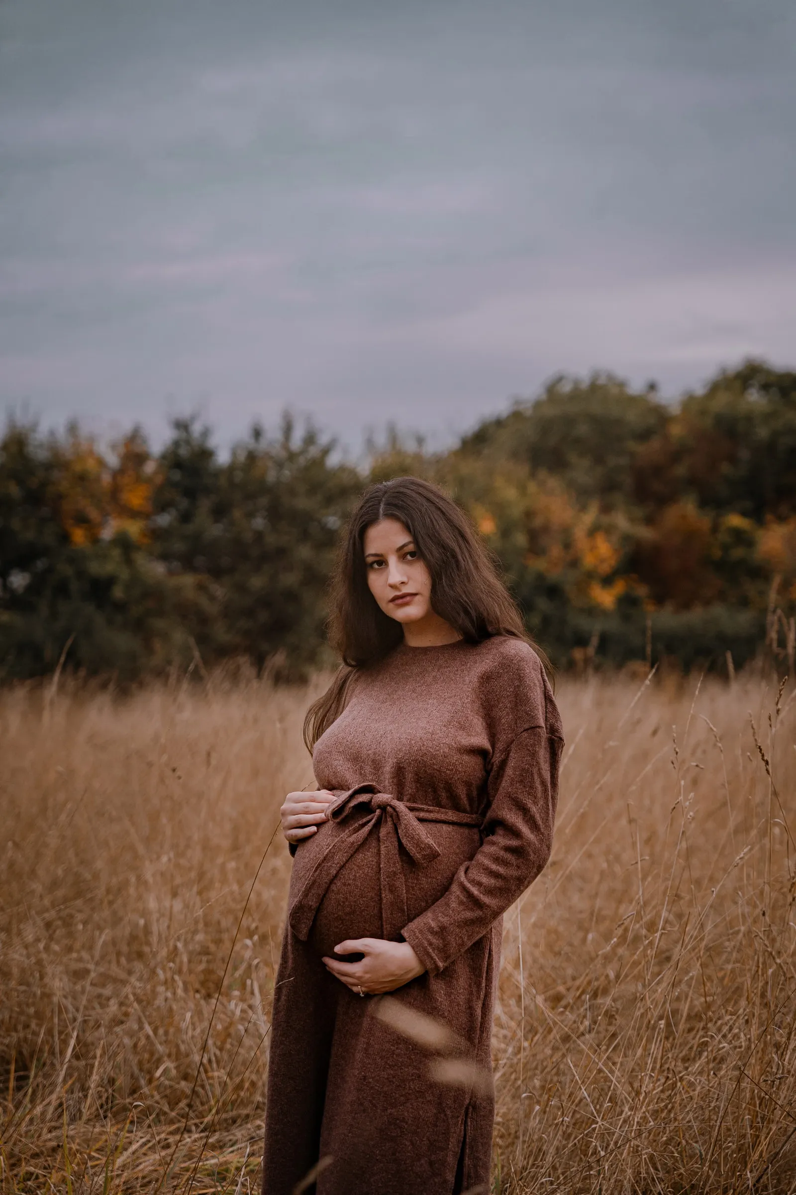 Maternity portrait in a meadow beneath a soft violet evening sky